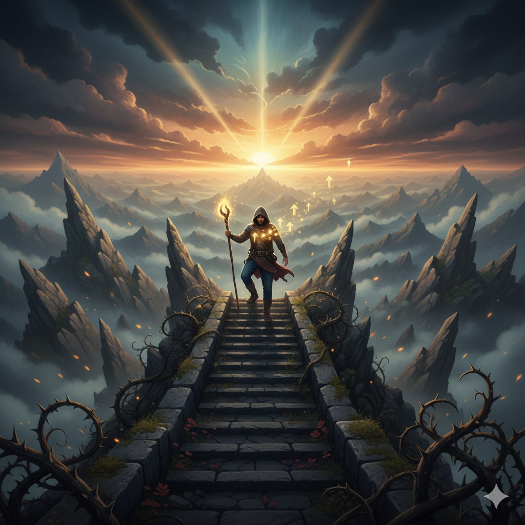 Affrontare le difficoltà con la volontà I. Rappresenta un Gueriero che affronta le difficoltà con la forza di volontà.