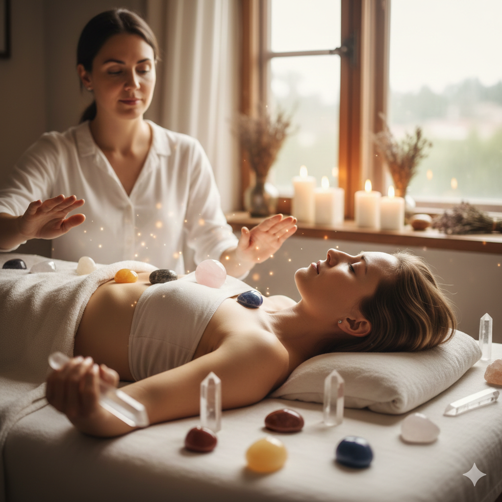 La Cristallo-Terapia. Rappresenta. Cristallo-Terapia applicata sul corpo.