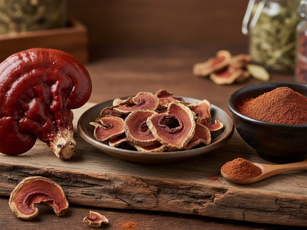 Fungo Reishi Ganoderma: fresco intero, fette essiccate e polvere su tavolo in legno. Ingredienti per medicina naturale.