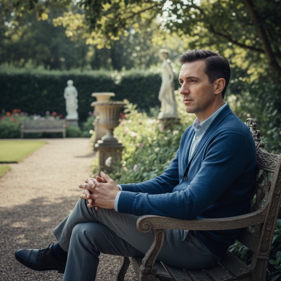 Fot: Persona seduta su panchina in giardino storico, giacca blu, postura meditativa, atmosfera tranquilla con verde