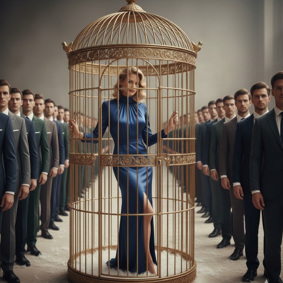 Foto: Donna in gabbia da uccelli dorata. Ai lati uomini in giacca e cravatta.