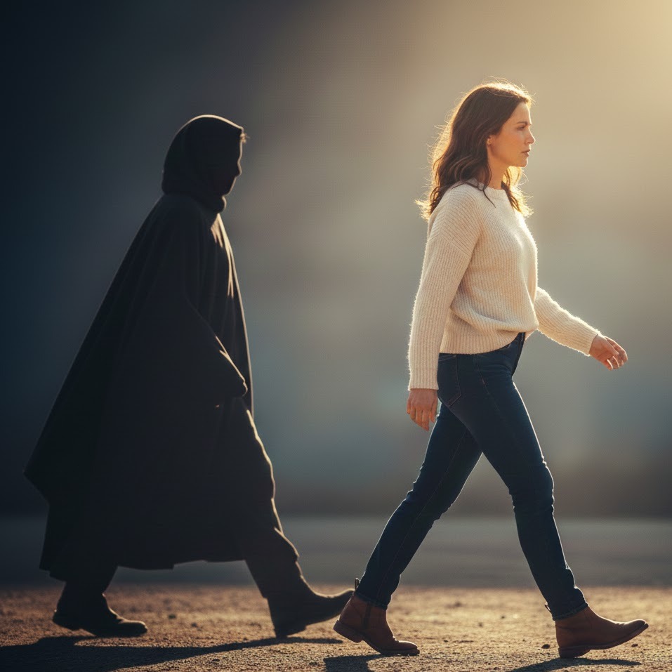 Foto: Donna che cammina verso la luce. Alle sue spalle una persona senza volto che cammina nell'oscurità.