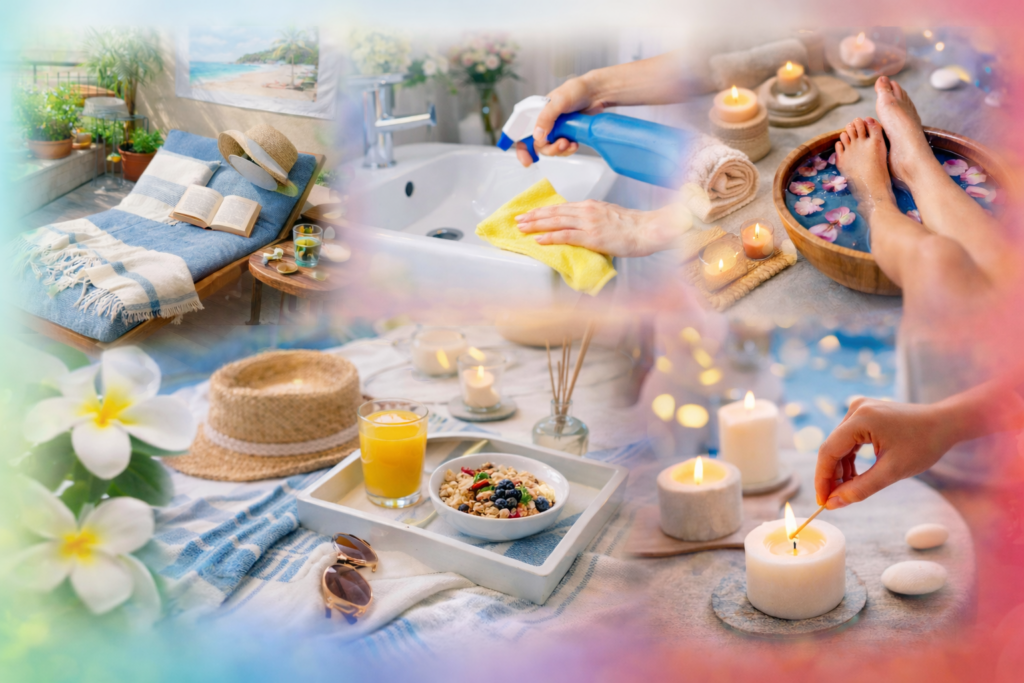 Foto Collage orizzontale con zone relax domestiche: pulizia rituale, colazione slow, candele e lettino outdoor, sfumate da gradienti morbidi stile vacanza zen