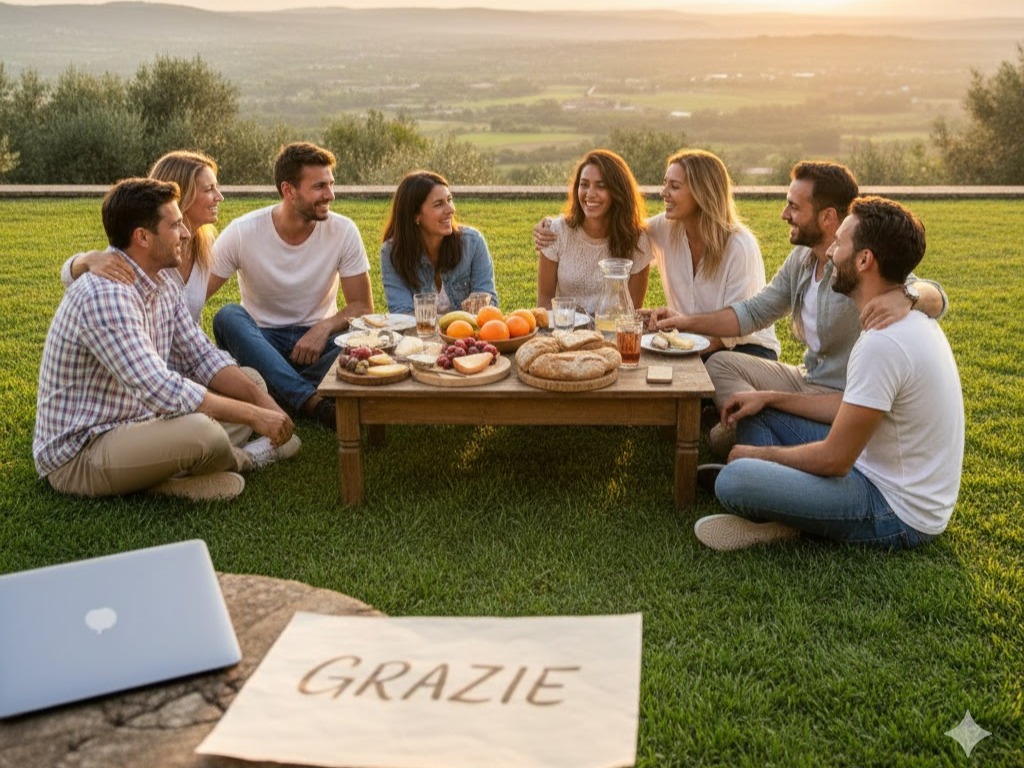 Foto: In primo piano: Tavolino con sopra Pc portatile chiuso e un biglietto con scritto grazie. In secondo piano, tavolata conviviale di amici. La sciena si svolge in un prato. Consigli per una vacanza senza muoversi di casa.