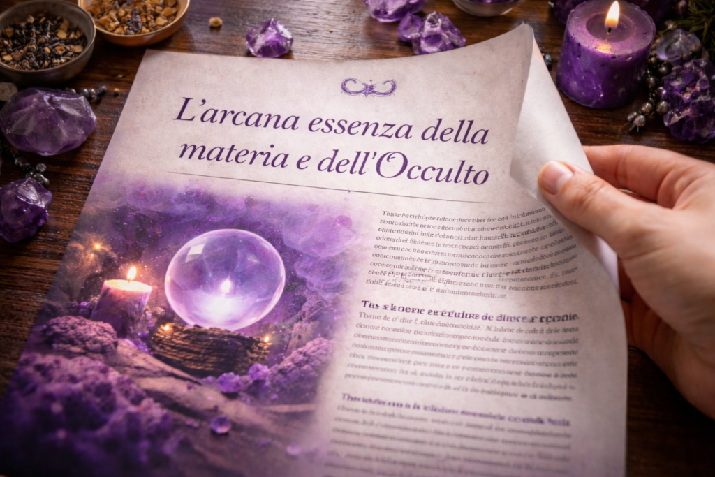 Foto: Foto: Pagina sollevata con materia viola, cristalli e candela: immagine simbolica di spiritualità, trascendenza e cromoterapia del colore viola. Il significato dei colori VI