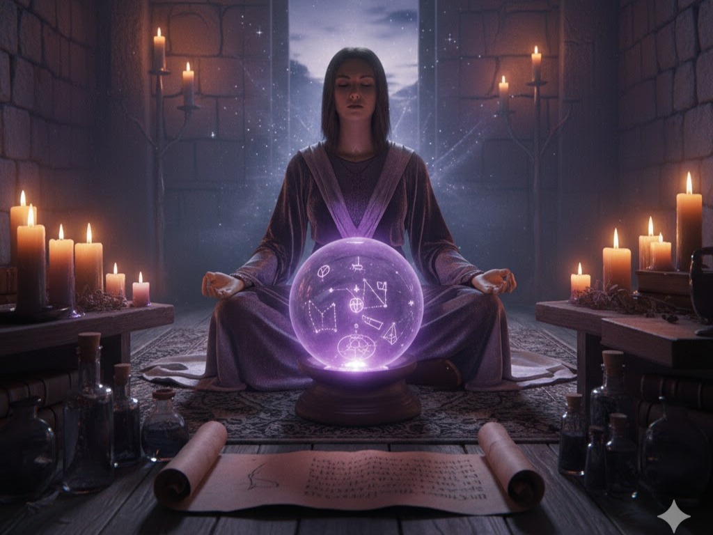 Immagine: Donna in meditazione in un tempio antico. Al centro brilla una sfera di cristallo viola luminosa tra candele e pergamene. Il significato dei colori VI