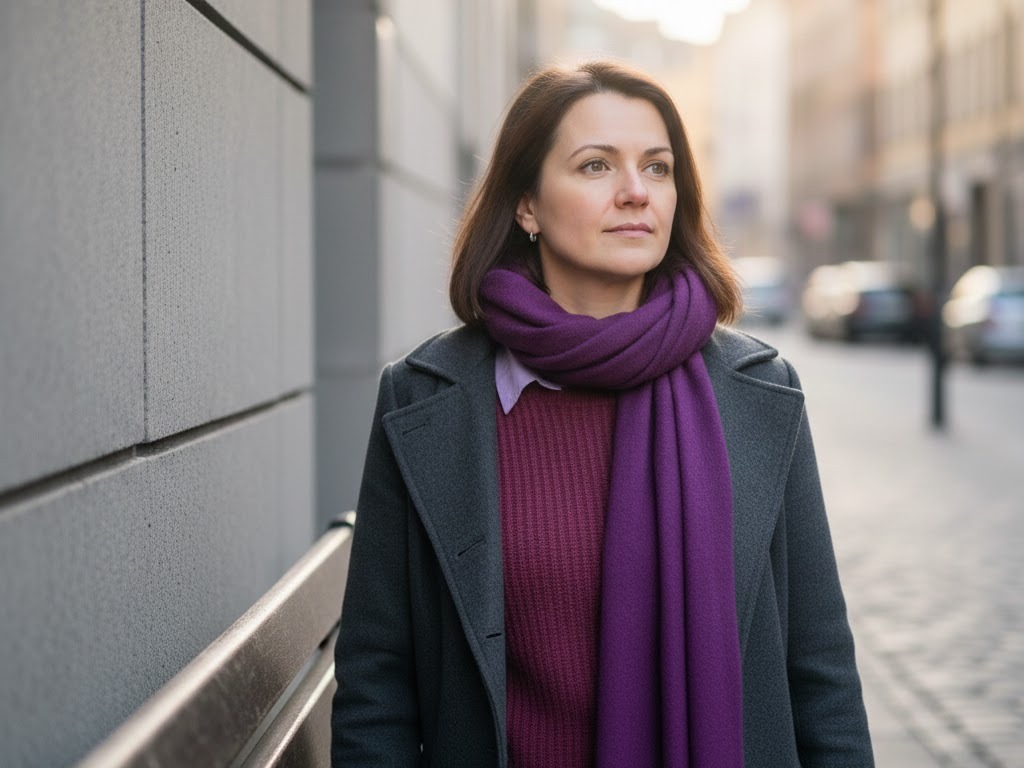 Foto: Donna in pausa riflessiva in città mattutina, sguardo assorto, dettagli viola armonizzati con toni neutri, atmosfera intima e contemplativa. Il significato dei colori VI