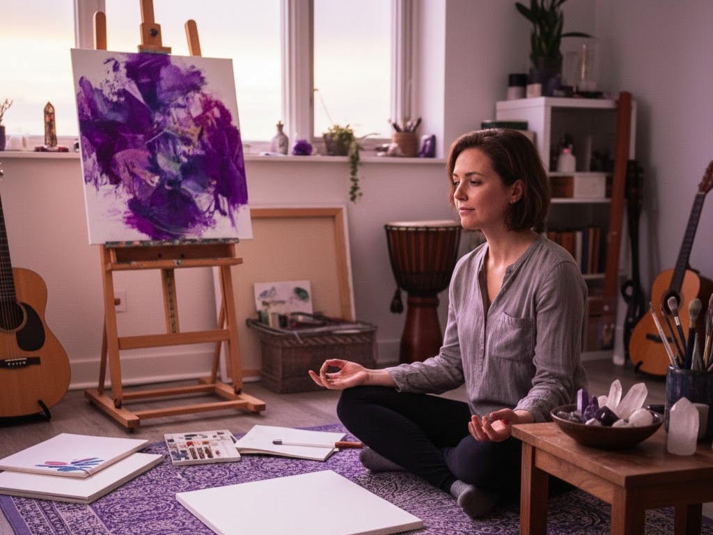 Foto: Donna in un atelier d'arte mentre dipinge una tela astratta viola. Ambiente realistico da reportage con pennelli, colori e luce naturale dalla finestra. Il significato dei colo VI