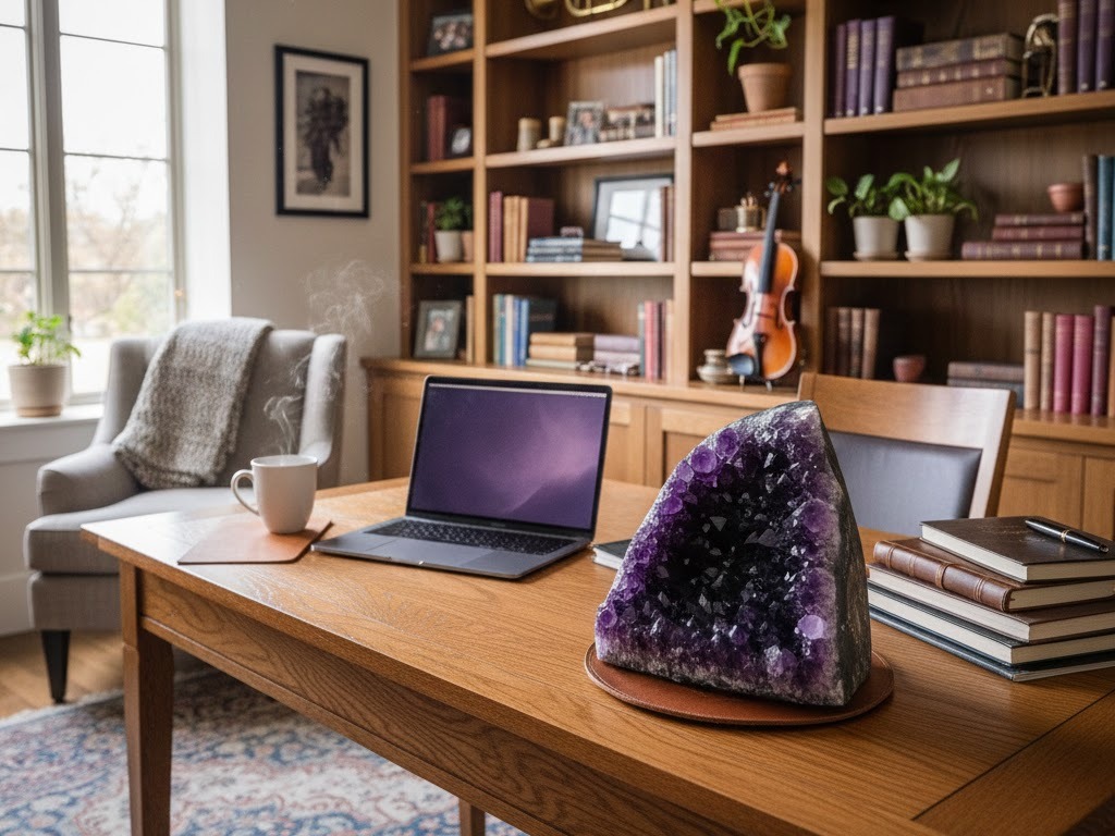 Foto: Drusa di ametista viola su una scrivania in legno in uno studio casalingo. Sullo sfondo una libreria colma di libri, lampada accesa e atmosfera accogliente. Il significato dei coli VI