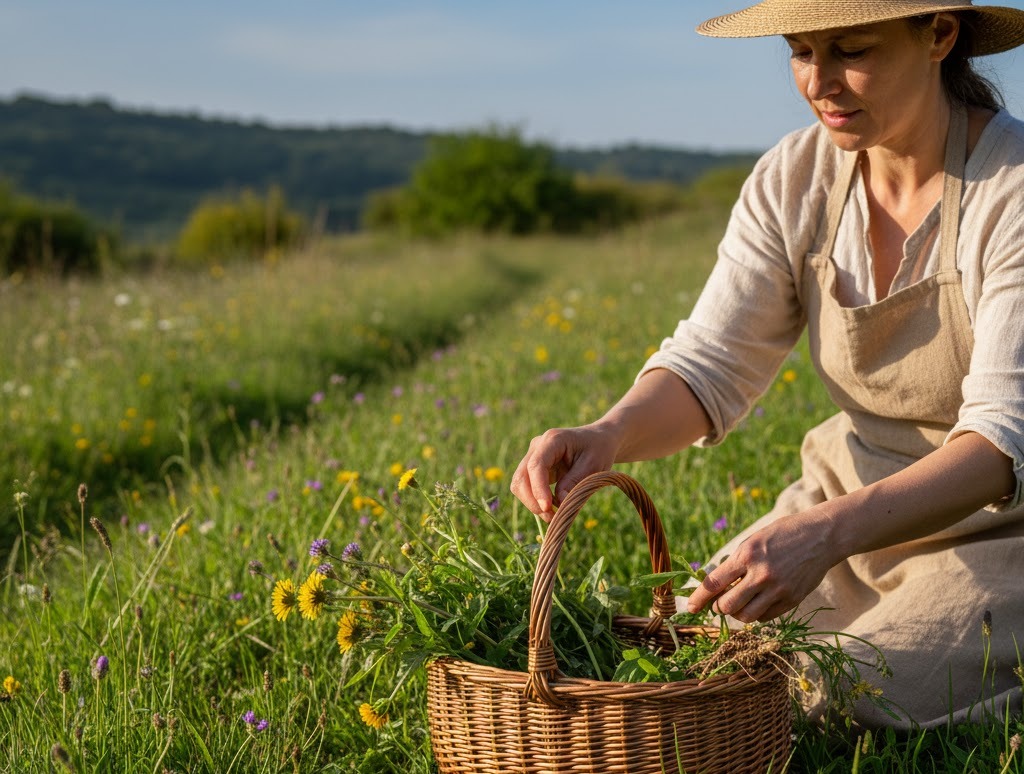 Foto: Persona adulta raccoglie piante selvatiche commestibili in un prato aperto, con un cestino di vimini, immersa nella natura e nella biodiversità locale.