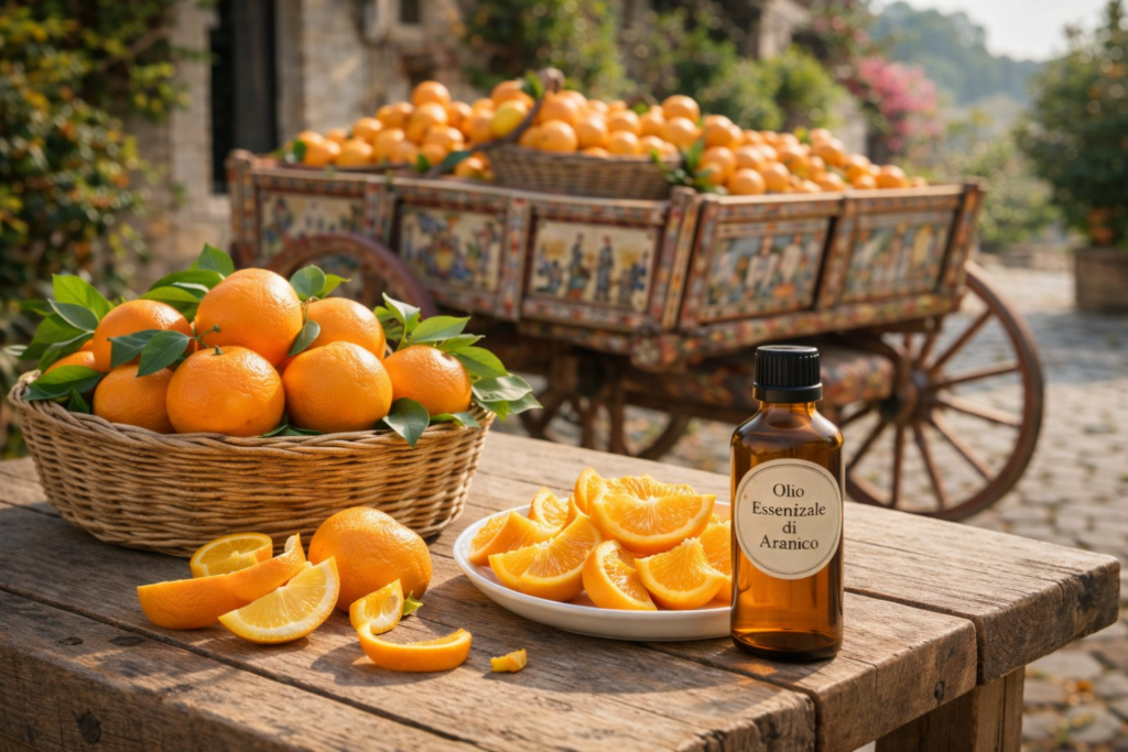 Immagine: tavolo rustico con arance fresche, spicchi e scorze accanto a una boccetta di olio essenziale di arancia, sullo sfondo carretto siciliano tradizionale colmo di arance in un contesto rurale assolato.