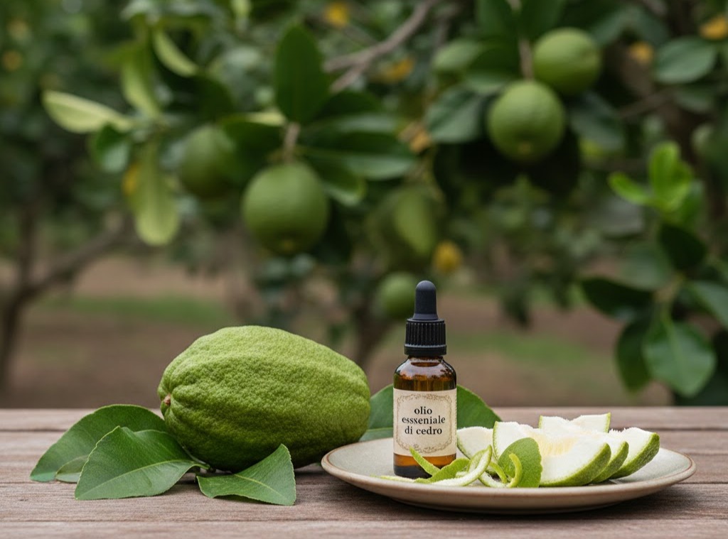 Immagine: Foto reportage con tavolo in legno, cedro intero e foglie, piatto con spicchi e bucce di cedro e boccetta di olio essenziale di cedro, sullo sfondo la pianta di cedro con frutti appesi.