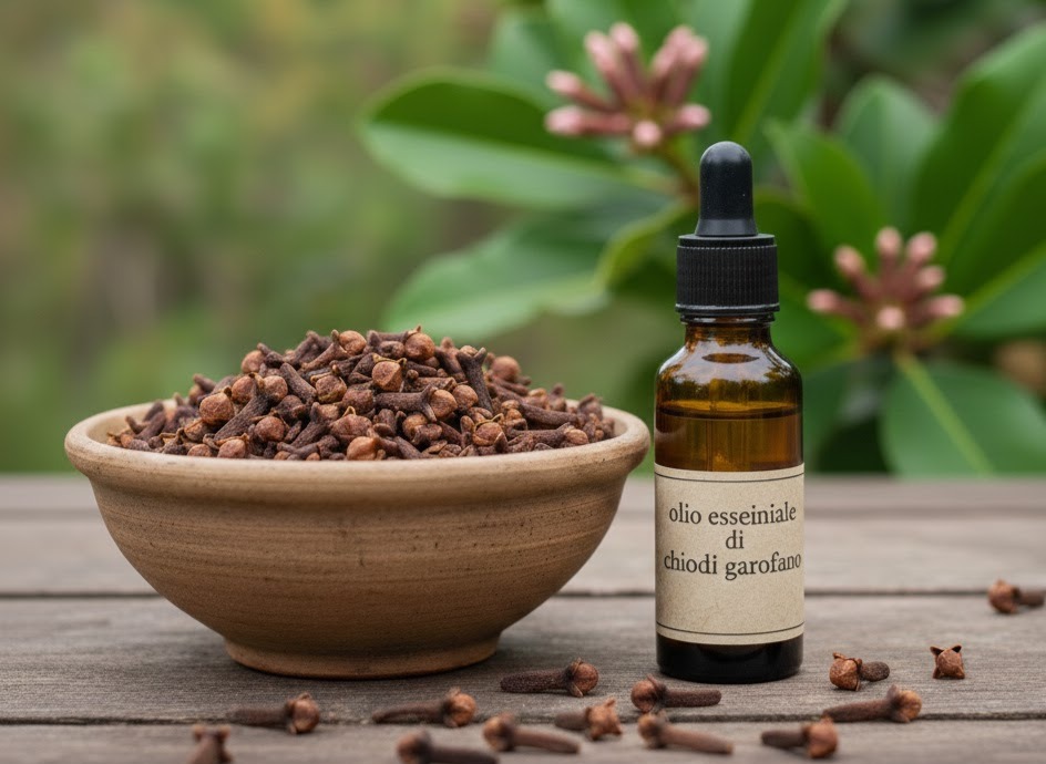 Immagine: Foto reportage con tavolo in legno, ciotola colma di chiodi di garofano e boccetta di olio essenziale di chiodi di garofano, sullo sfondo la pianta fiorita. Oli essenziali per l'autunno