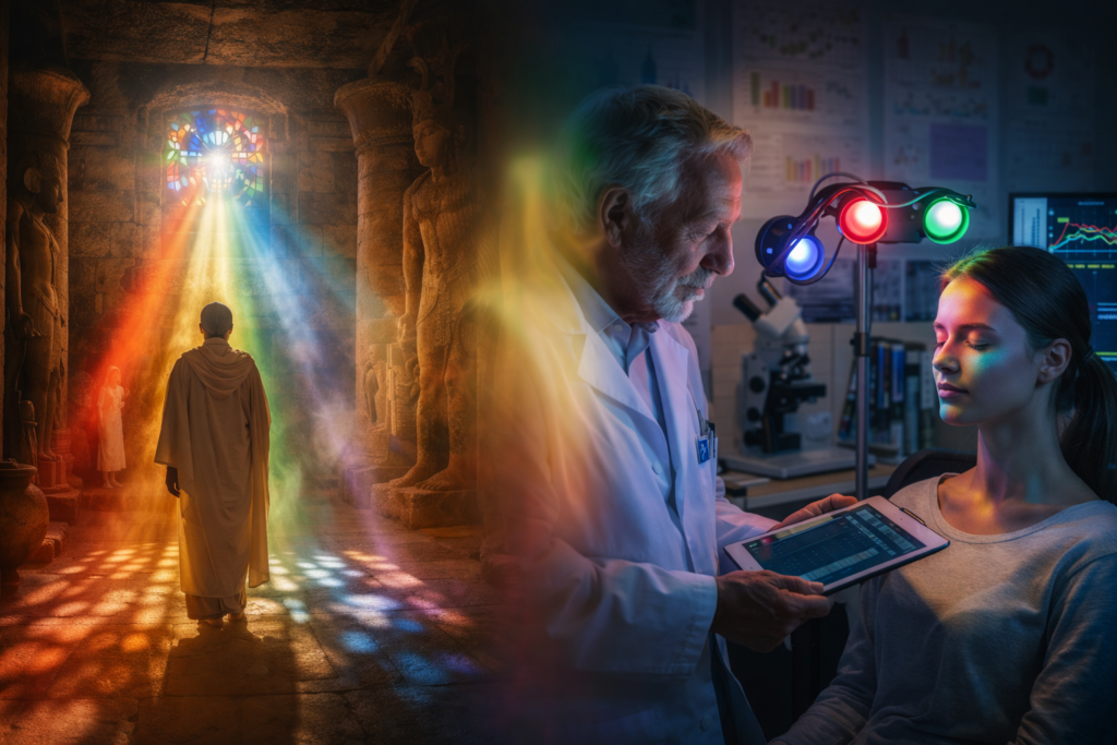 Immagine: Antico tempio con luce colorata e laboratorio moderno con scienziato che analizza effetti della luce sulle cellule, illustrando la cromoterapia di Mandel