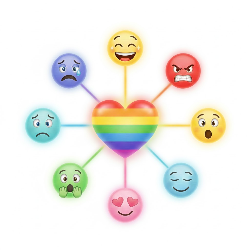 Immagine: Cuore dei colori dell'arcobale, sono collegate diverse smile, con diversi colori. Rappresentano le emozioni rabbia gioia, amore paura tristezza