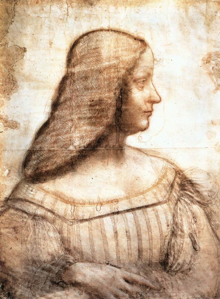 I Grandi Maestri del Pastello e le loro Tecniche. Rappresenta. Raffigurata.               Il Ritratto di Isabella d'Este è un disegno preparatorio eseguito a carboncino carboncino, sanguigna e pastello giallo su carta di Leonardo da Vinci.