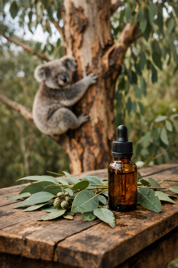 Immagine: Foto reportage con tavolo rustico, foglie di eucalipto e boccetta di olio essenziale in primo piano, sullo sfondo un koala su un albero di eucalipto verde!