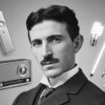 Immagine: Ritratto di Tesla al centro, circondato da robot e oggetti tecnologici moderni, simbolo di genio e invenzione, fusione tra passato e presente.