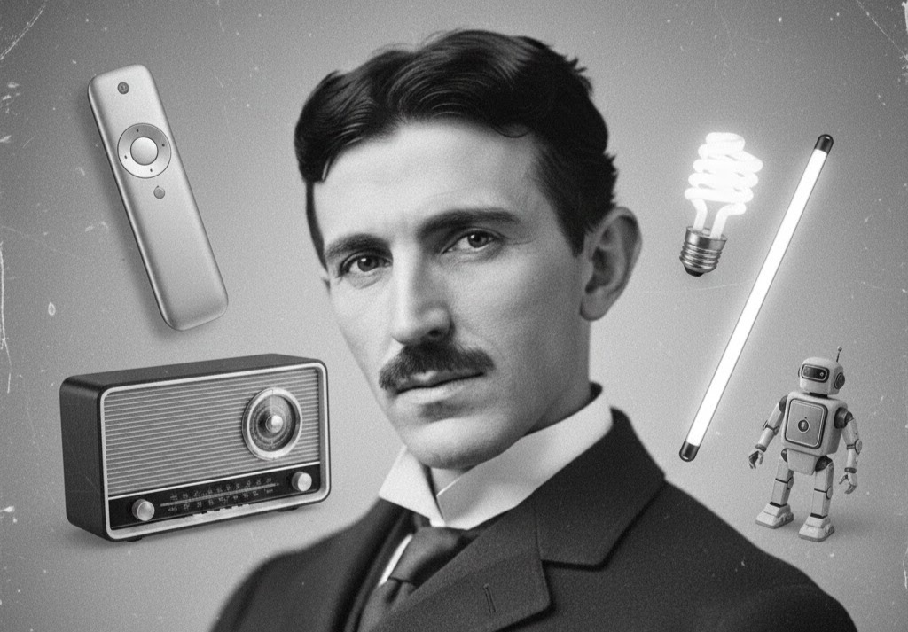Immagine: Ritratto di Tesla al centro, circondato da robot e oggetti tecnologici moderni, simbolo di genio e invenzione, fusione tra passato e presente.