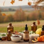 Immagine: Tavolo di campagna autunnale con oli essenziali, boccette in cannella, arance, eucalipto e cedro sul fondo campagna con foglie che cadono, benessere naturale e oli essenziali autunno caldo