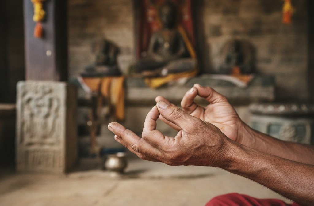 Immagine: mani in mudra rituale illuminate da luce naturale, gesto antico dello yoga che racconta la storia delle mudra e il linguaggio segreto delle mani