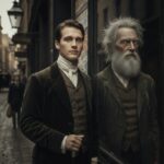 Immagine: Due uomini in strada vittoriana: uno giovane ed elegante, l’altro anziano e logoro come un riflesso, simbolo di eterna giovinezza e decadenza morale