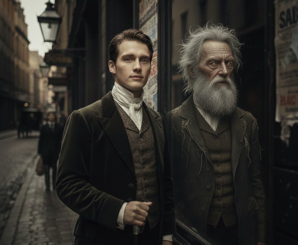 Immagine: Due uomini in strada vittoriana: uno giovane ed elegante, l’altro anziano e logoro come un riflesso, simbolo di eterna giovinezza e decadenza morale