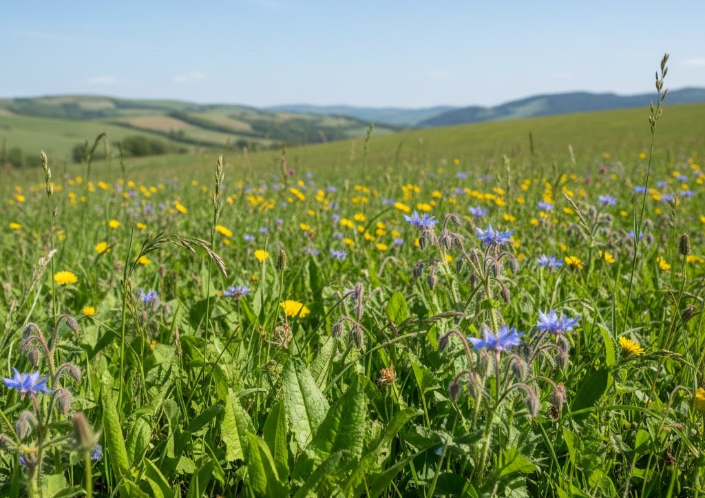Foto: Prato fiorito con tarassaco giallo, piantaggine verde e borraggine blu, dolci colline sullo sfondo sotto un cielo sereno e luminoso.