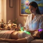 Foto: professionista che applica ad un ricevente su lettino la cromoterapia. Con mappa dei colori e 7 chakra. Ambiente studio accogliente