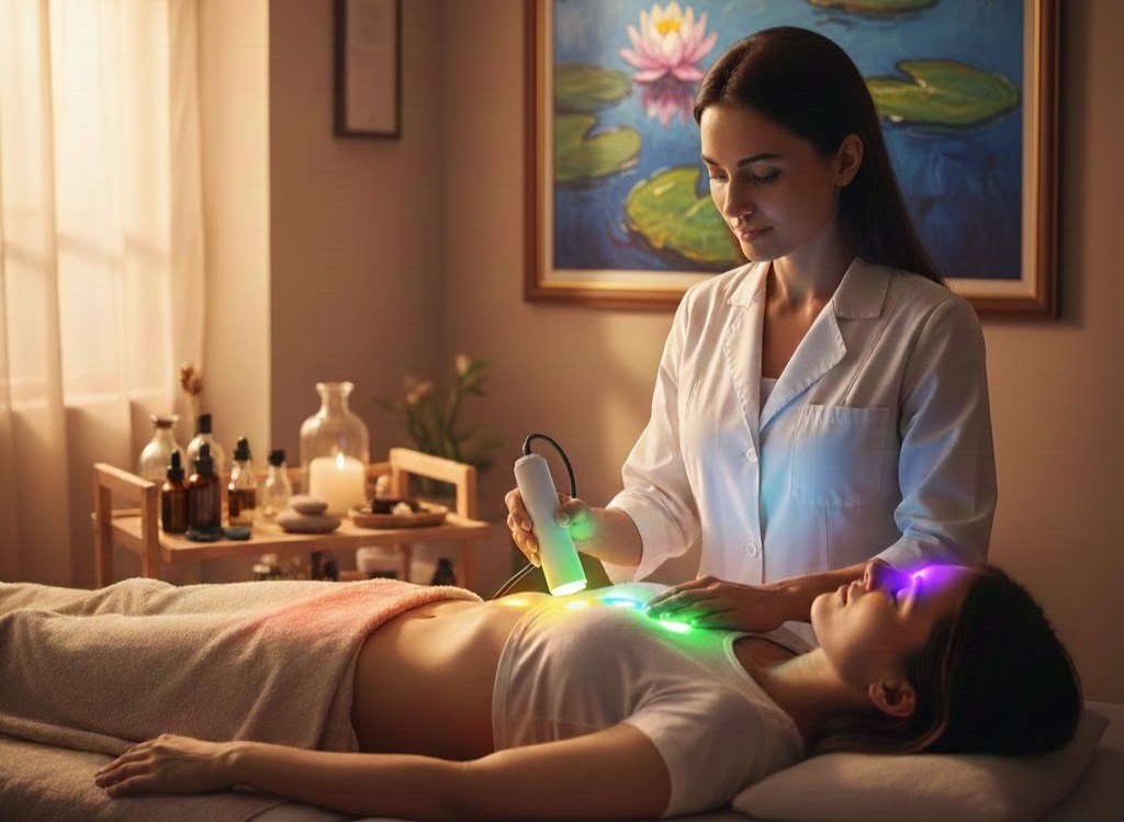 Foto: professionista che applica ad un ricevente su lettino la cromoterapia. Con mappa dei colori e 7 chakra. Ambiente studio accogliente