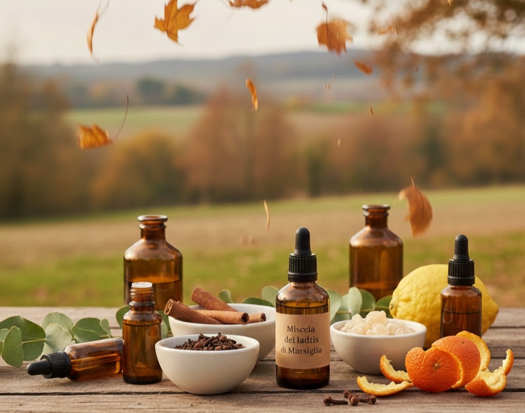 Immagine: Tavolo di campagna autunnale con oli essenziali, boccette in cannella, arance, eucalipto e cedro sul fondo campagna con foglie che cadono, benessere naturale e oli essenziali autunno caldo
