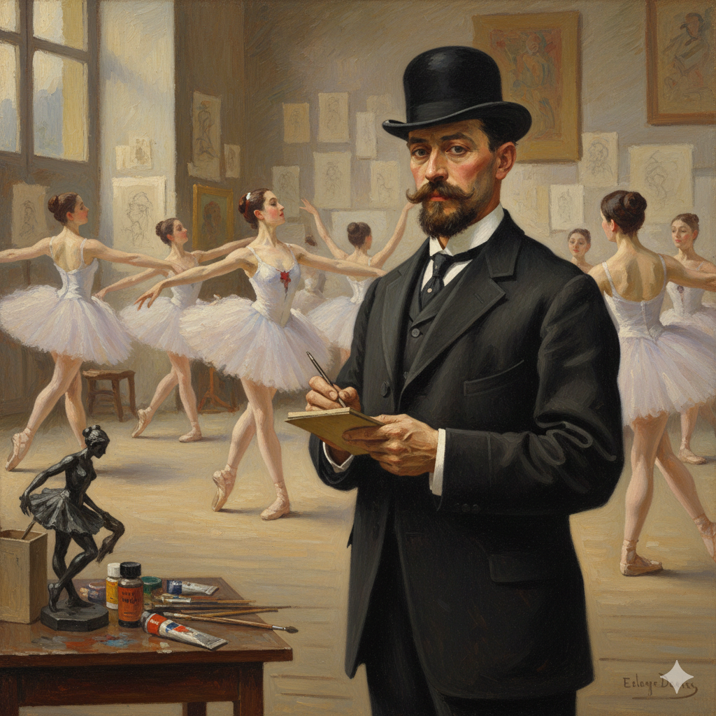 Van Gogh Monet Degas. Rappresenta. Edgar Degas, con un taccuino e una scrivania, con sfondo raffigurato uno dei suoi quadri più famosi, scuola di danza, prove di balletto in scena.