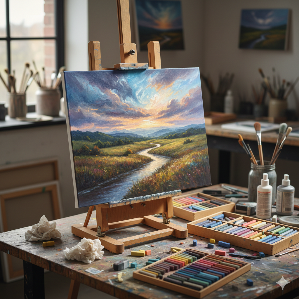 I Grandi Maestri del Pastello e le loro Tecniche. Rappresenta. Un quadro con la tecnica a pastello su tela, raffigura paesaggio.