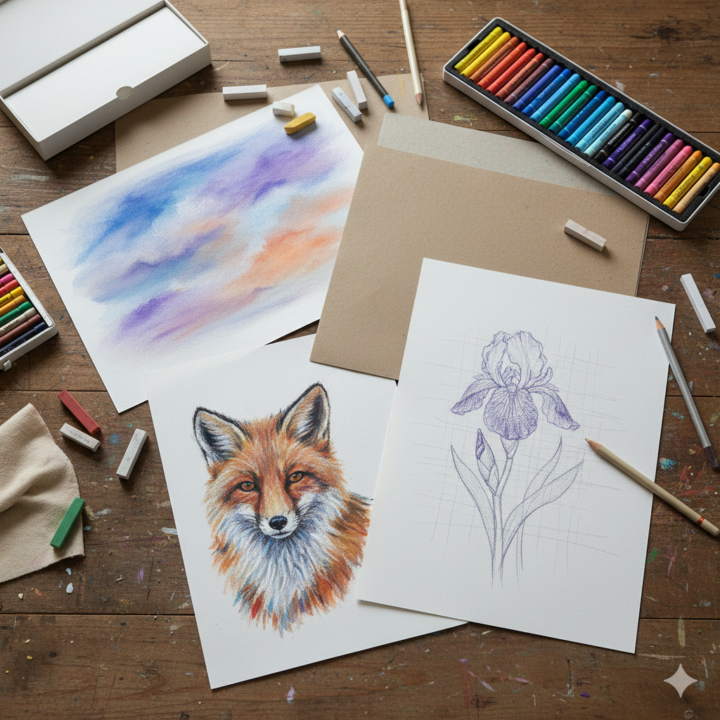 I Grandi Maestri del Pastello e le loro Tecniche. Rappresenta Tecniche da disegni a pastello che sono raffigurate su dei fogli.