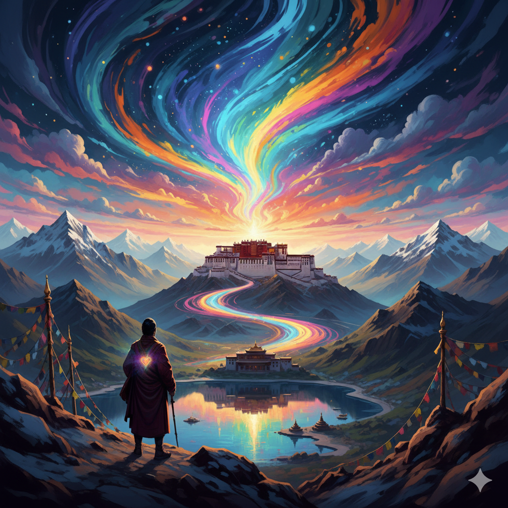 I Colori dell'Anima: Un Viaggio di Crescita e Riflessione. Rappresenta. Un uomo che percorre una strada per arrivare a vivere        7 anni in Tibet che rappresenta i colori dell'anima.