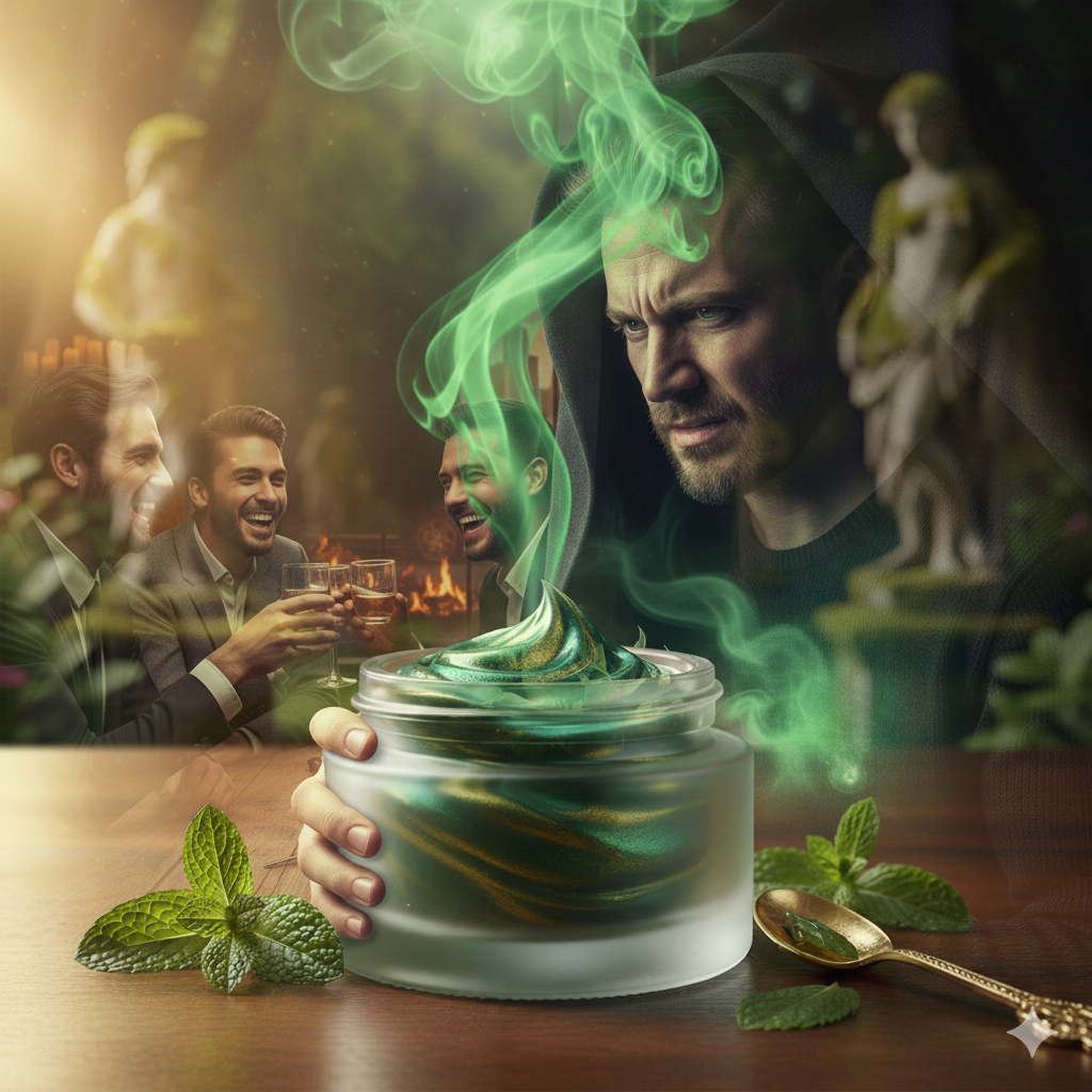 Superare l'invidia. Rappresenta. La menta evoca il gelo, una freschezza quasi tagliente; eppure il barattolo emana vapore, come se fosse incandescente. Questo cortocircuito visivo nasce dall’invidia, un’emozione che non raffredda ma arde, trasformando il freddo in un calore simbolico e inquieto. Vicino al barattolo ci sono io e al fondo si trovano gli amici.