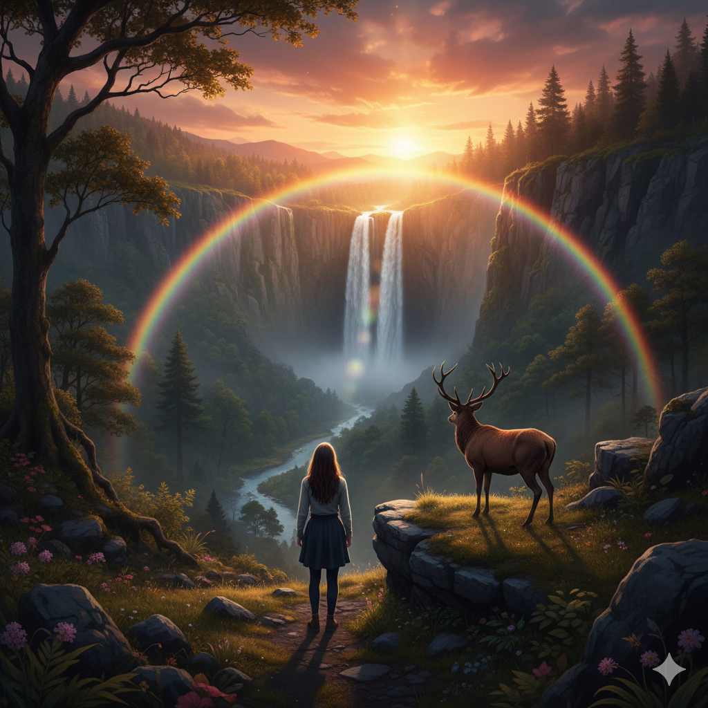 Lasciarsi Stupire dalla Natura. Rappresenta lo stupore dellla natura tutta nella sua naturalezza di cascata, fiume, animale e uomo e natura incontaminata.