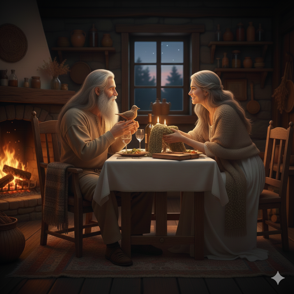 Amore ed Eremita. Rappresenta un eremita con una Donna che si scambiano regali sinceri.