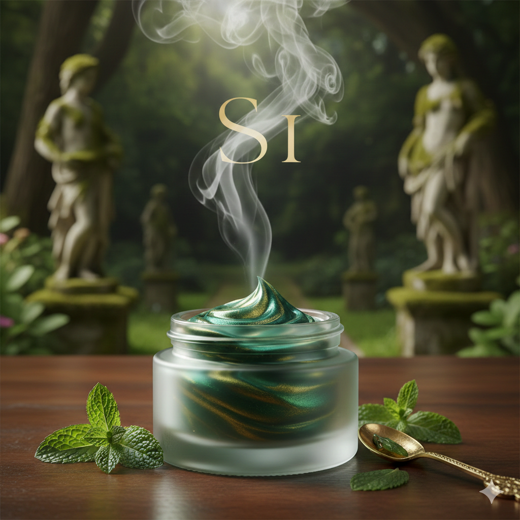 Superare l'invidia. Rappresenta. Un barattolo con gel alla menta che fuma. La menta evoca il gelo, una freschezza quasi tagliente; eppure il barattolo emana vapore, come se fosse incandescente. Questo cortocircuito visivo nasce dall’invidia, un’emozione che non raffredda ma arde, trasformando il freddo in un calore simbolico e inquieto.