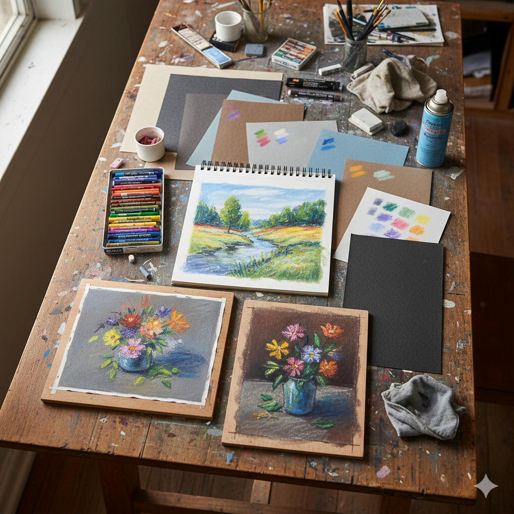 I Grandi Maestri del Pastello e le loro Tecniche. Rappresenta. i vari materiali su cui si può utilizzare la tecnica del pastello.