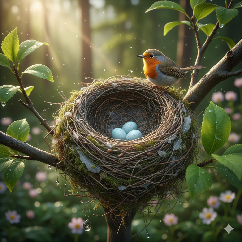 Lasciarsi Stupire dalla Natura. rappresenta un nido di uccelli con tutta la sua ingegneria, all'interno ci sono adagiate delle uova e un pettirosso, sul bordo.