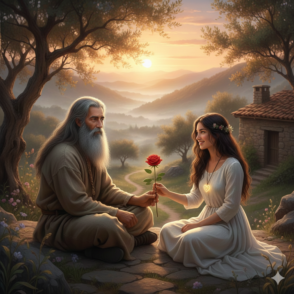 Amore ed Eremita. Rappresenta Innamorarsi dopo i 50: emozioni senza tempo. Un Eremita che si innamora di una Donna e le porge una rosa.