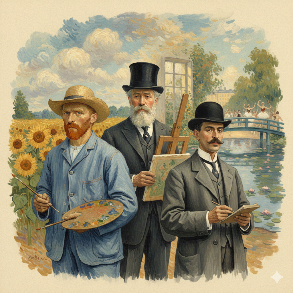 Van Gogh Monet Degas. Rappresenta i 3 personaggi Van Gogh, Monet, Degas.