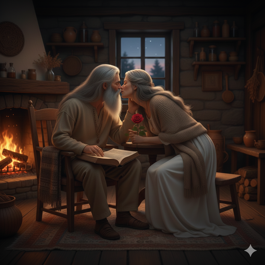 Amore ed Eremita. Rappresenta un eremita che bacia con amore una Donna.