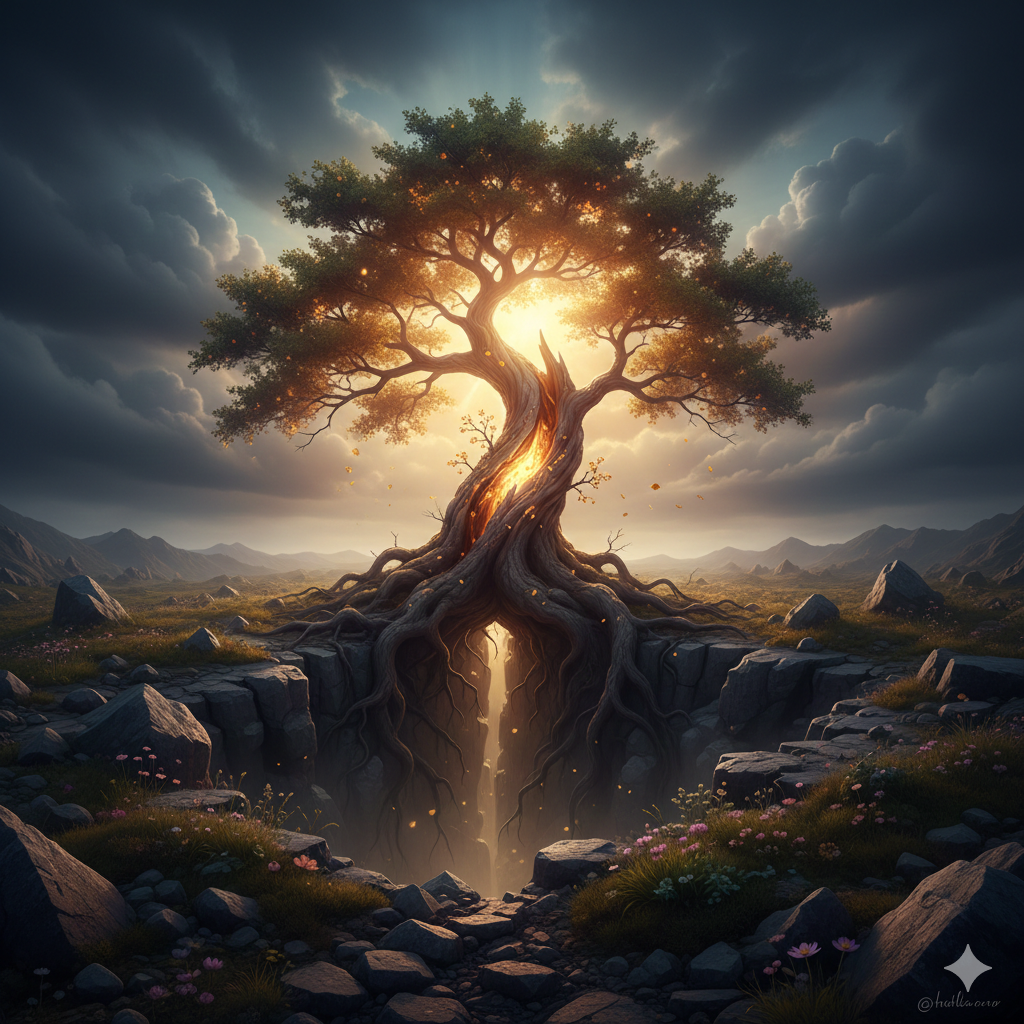 Resilienza: difficoltà e crescita interiore. Rappresenta la Resilienza, una pianta che pur essendo spaccata in due resiste.