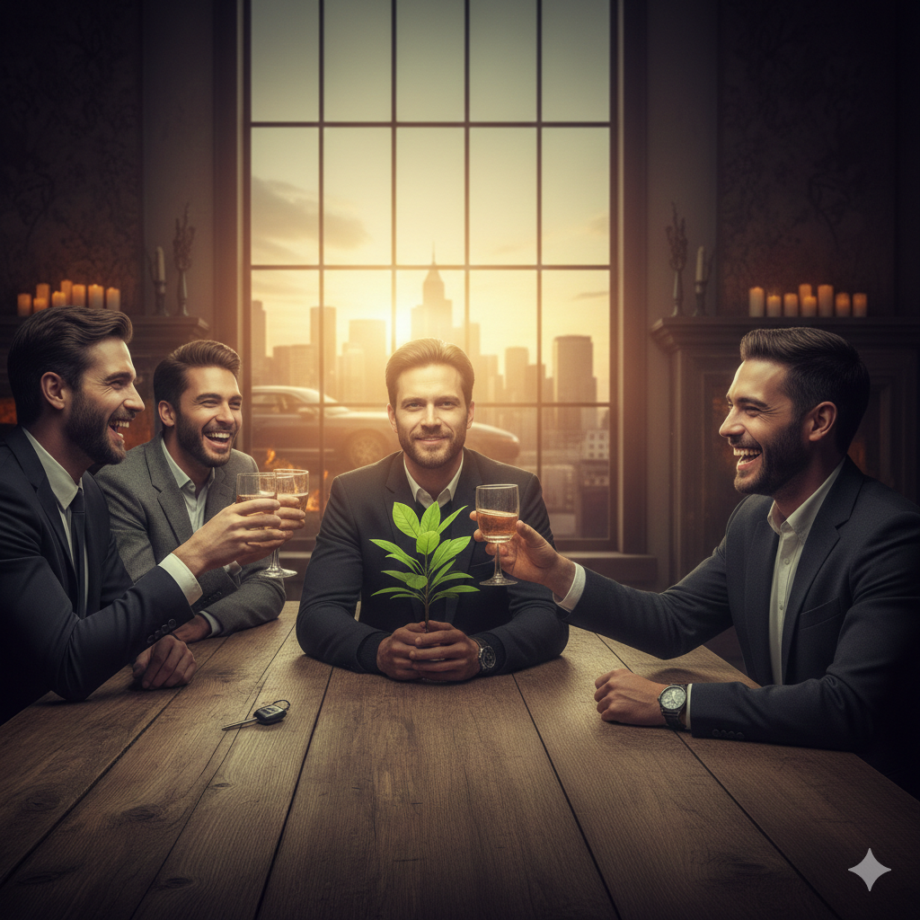 Superare l'invidia. Rappresenta. Il cambio di paradigma verso l'invidia e c'è un cambiamento radicale a non essere più invidioso io che sono in mezzo a gli amici con della menta in mano.
Avviene un cambio di paradigma: l’invidia si dissolve e io, al centro degli amici, stringo la menta come simbolo di una scelta consapevole di freschezza, distacco e trasformazione interiore.