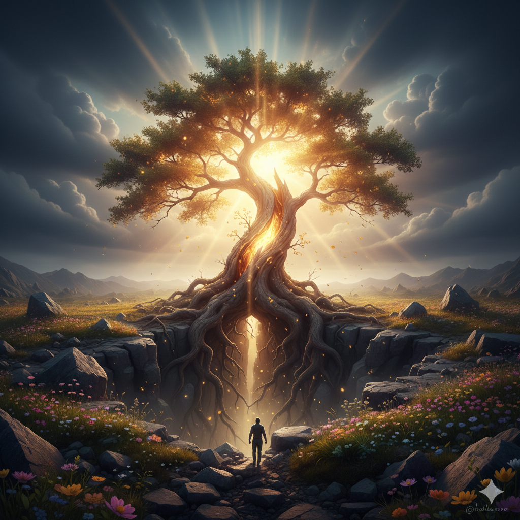 Resilienza: difficoltà e crescita interiore.Rappresenta la Resilienza, una pianta che pur essendo spaccata in due resiste e sul fondo delle radici c'è un uomo che sta guardando la sua resilienza che cerca di resistere e non mollare.