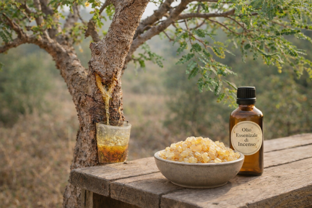 Immagine: tavolo rustico con ciotola di grani di incenso e boccetta di olio essenziale di incenso, sullo sfondo la pianta di Boswellia con oleoresina che cola dal tronco durante l’estrazione naturale.