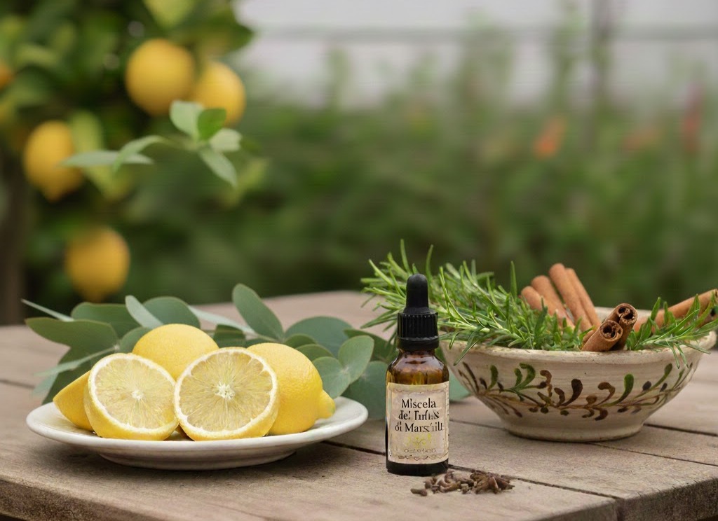 Immagine: Tavolo rustico all’aperto con limoni, spezie e boccetta etichettata “miscela dei ladri di Marsiglia”, piante sullo sfondo, oli essenziali per l'autunno.