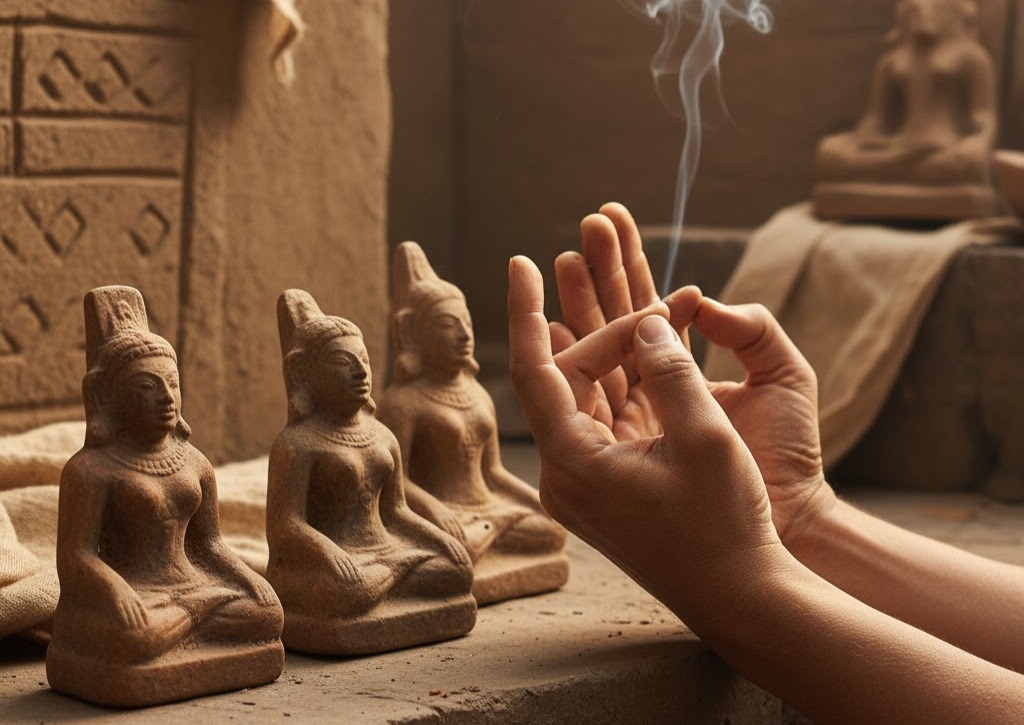 Immagine: mani in Prana Mudra illuminate da luce calda accanto a statuette antiche della Valle dell’Indo, simbolo delle origini spirituali delle mudra e del corpo energetico
